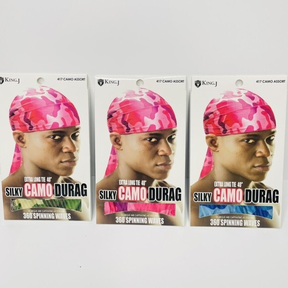 KING J. SILKY CAMO DURAG EXTRA LONG TIE 40" 3 Pack Mix 1 Pink, 1 Green & 1 Blue